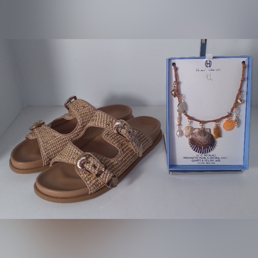 Steve Madden Tan/Gold Shell Buckle Strap Sandals, Freshwater Pearl Necklace Set